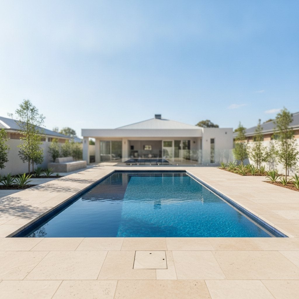 Modern single-storey home with a rectangular in-ground swimming pool and sandstone paving
