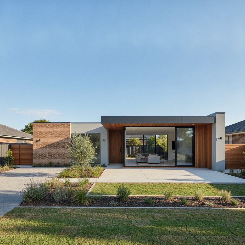 Single-storey home extension with brick, timber cladding and large glass sliding doors