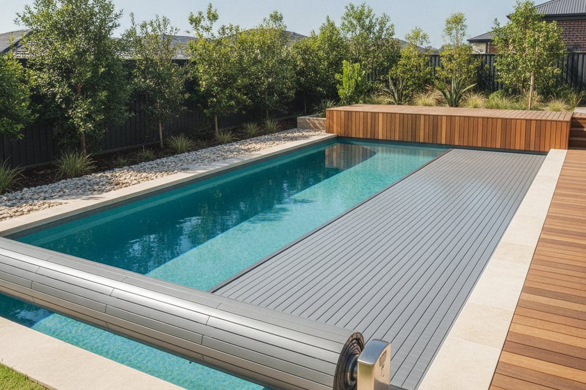 Backyard pool with a slatted cover partly rolled across the water