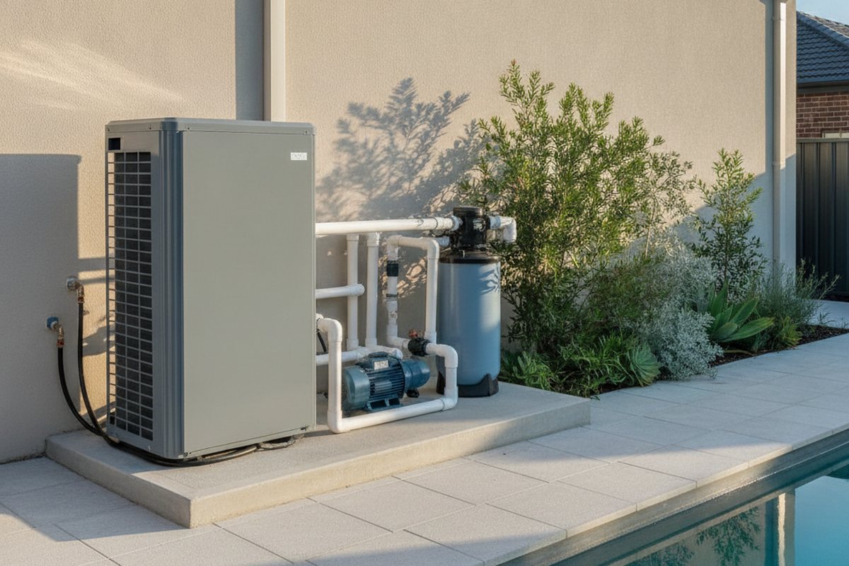 Pool heat pump and filtration pump beside a home