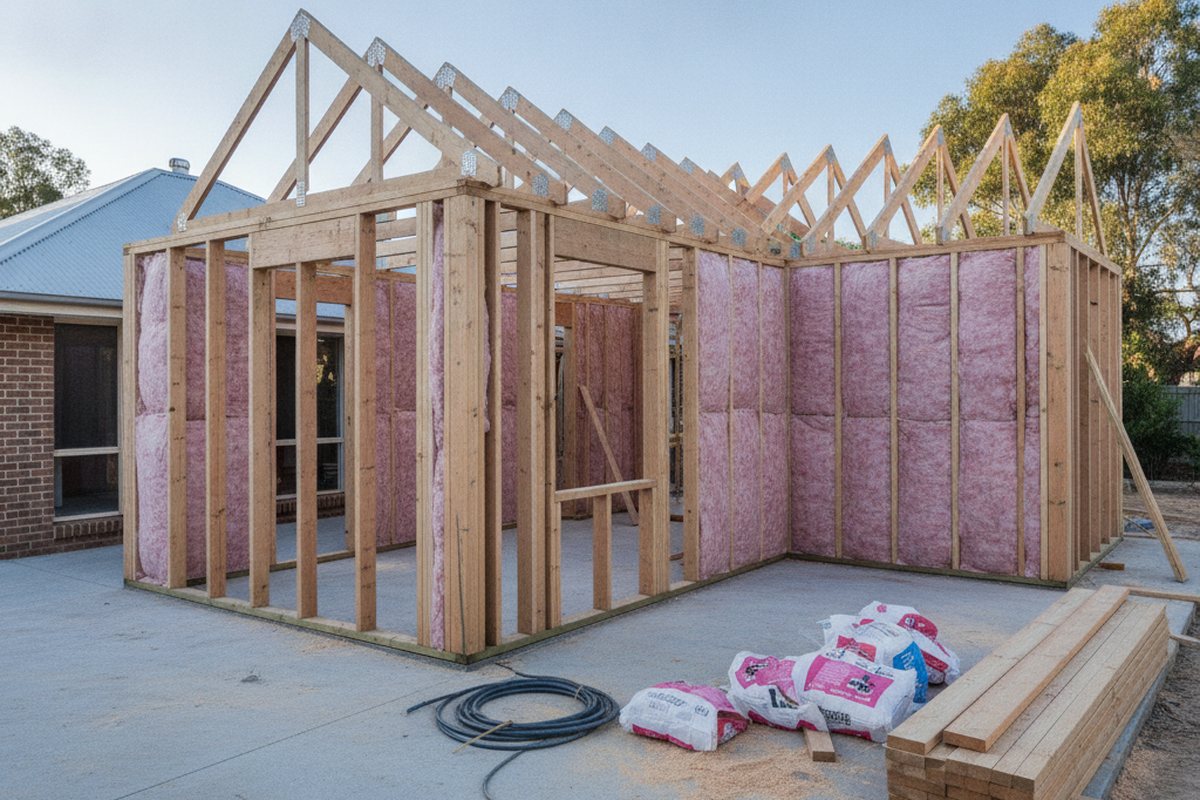Extension framing with wall insulation installed